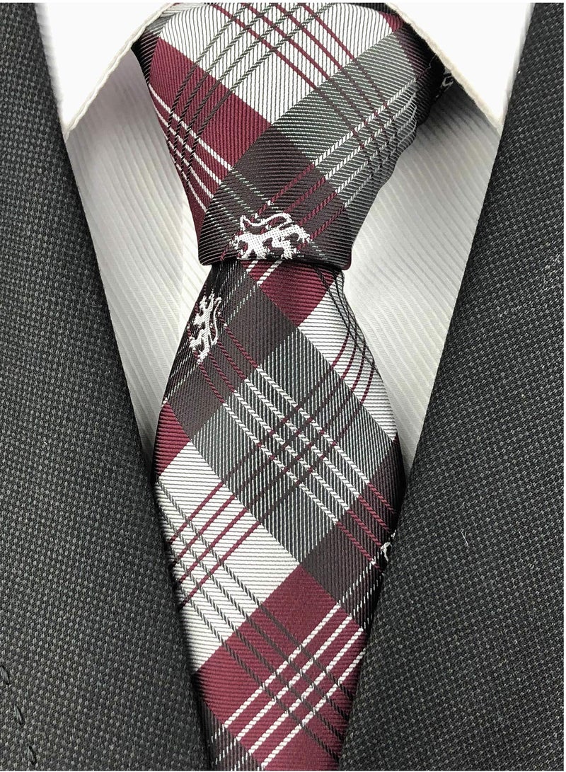 Ctskyte Slim Silk Necktie for Men Woven Jacquard Patterned Business Wedding Skinny Ties (Red Grey Check, One Size) - Image 2